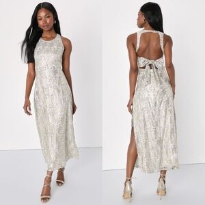 Lulus Romantic Charm White and Gold Floral Print Tie-Back Midi Dress Wedding